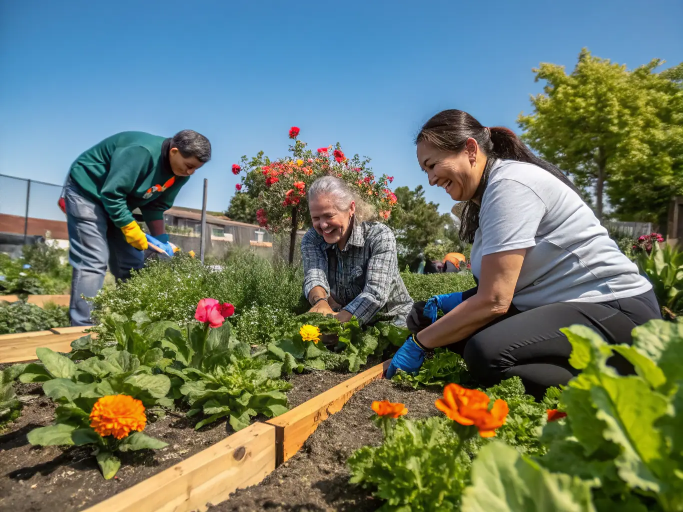 A photograph depicting a group of young volunteers participating in a community garden project, planting vegetables and flowers, with smiles on their faces, under a sunny sky. The scene should convey a sense of collaboration, environmental stewardship, and community engagement.