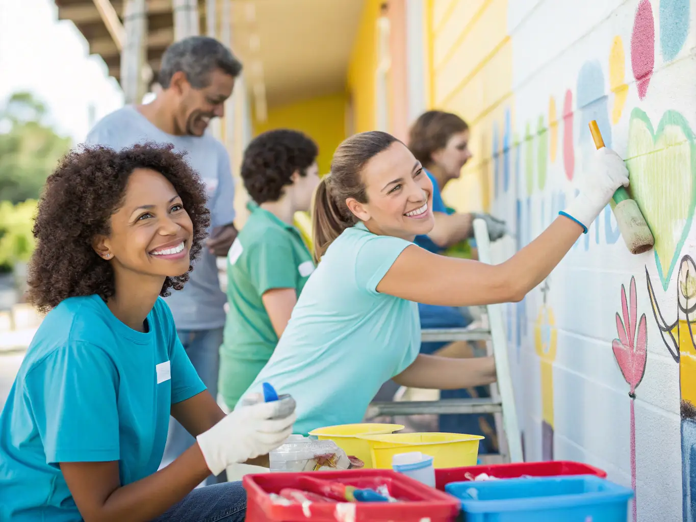 A photograph capturing a group of volunteers renovating a local community center, painting walls, repairing furniture, and organizing spaces. The image should reflect a sense of teamwork, dedication, and tangible improvement in the community infrastructure.
