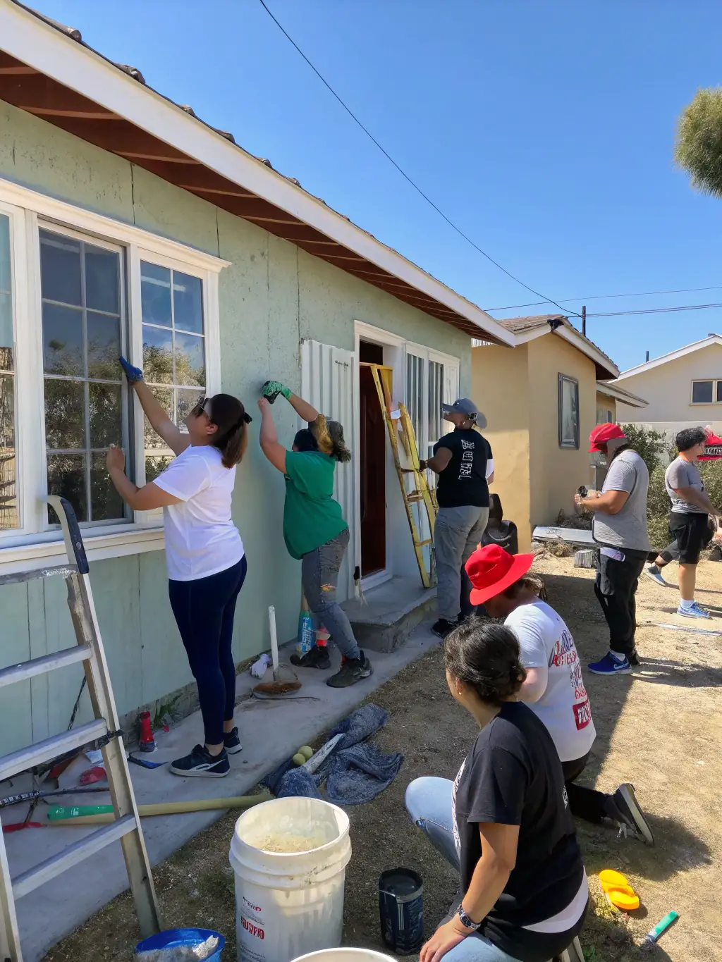 A photo of volunteers renovating a community center, demonstrating SJ SOLIDARITES JEUNESSES's dedication to improving local infrastructure.