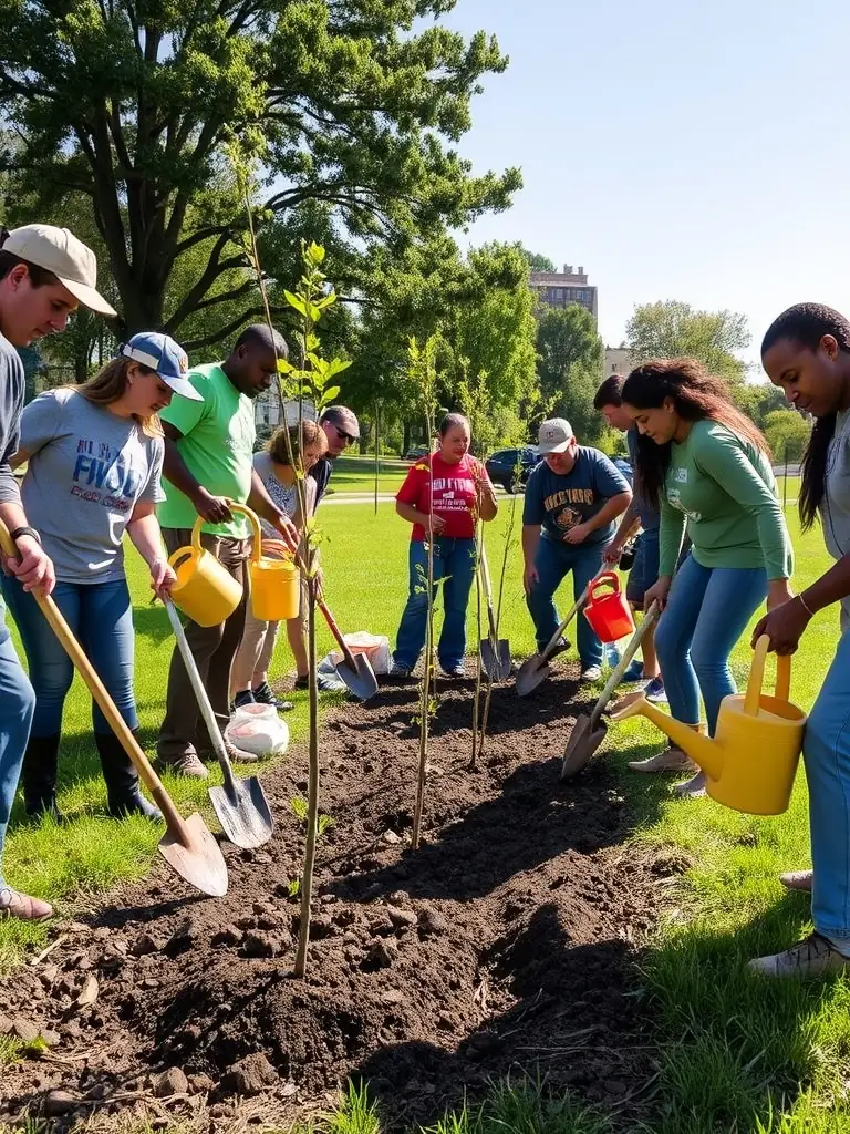 A group of young volunteers planting trees in a community garden, showcasing SJ SOLIDARITES JEUNESSES's commitment to sustainable development.