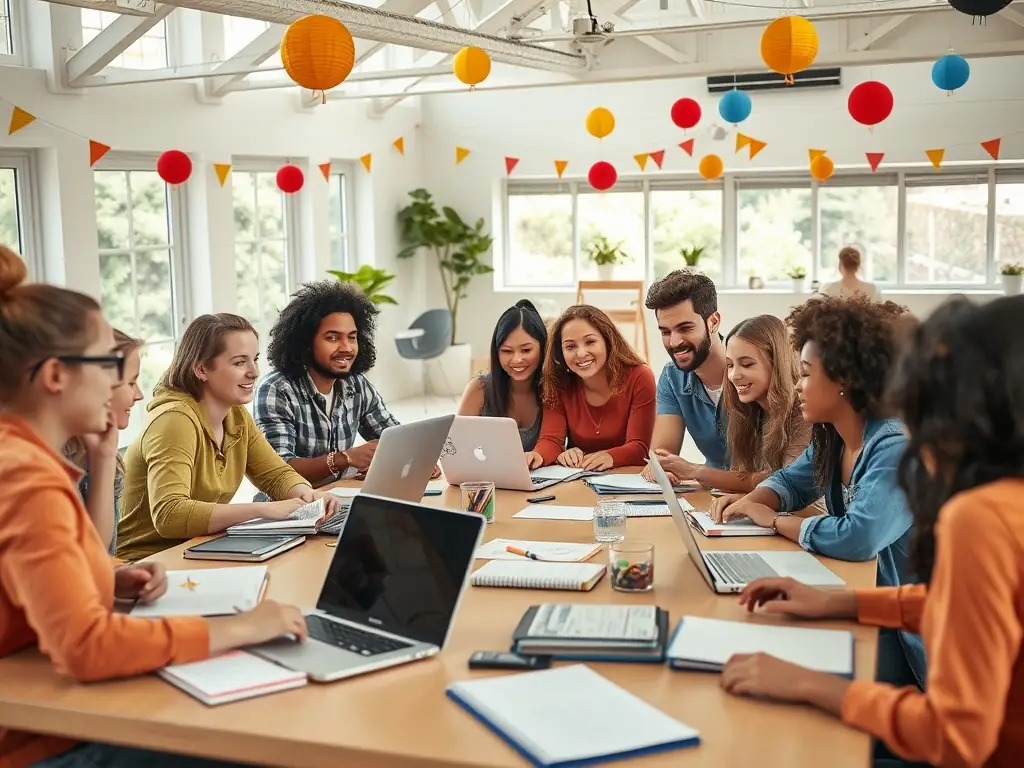 A photograph showing a workshop session where participants are learning about intercultural communication and conflict resolution, facilitated by experienced trainers. The setting is informal and interactive, fostering dialogue and understanding among diverse groups.