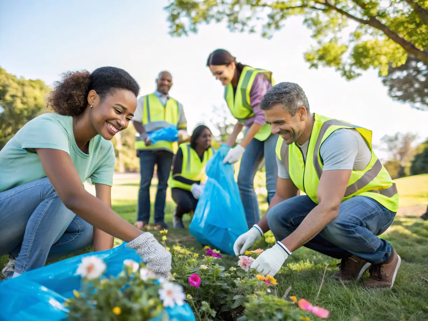 A photograph depicting a group of diverse volunteers working together on a community project, such as renovating a local park or building a community garden. The image should convey a sense of collaboration, enthusiasm, and positive impact.